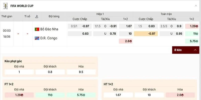 Soi Kèo Bồ Đào Nha Vs Congo 00:00 Ngày 18/06 - Bảng K World Cup 2026 3 Tỷ lệ kèo nhà cái đưa ra cho trận này
